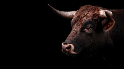 Naklejka premium Highland bull portrait, dark background, farm animal