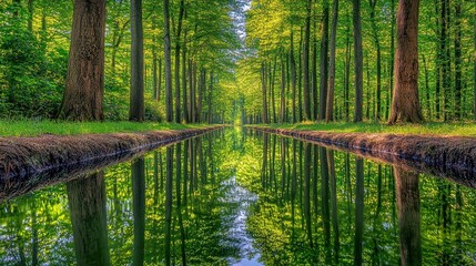 Fototapeta premium Forest canal path, mirrored in still water, sunlit trees