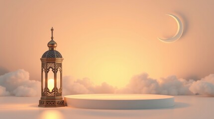 Fototapeta premium Ramadan Lantern and Crescent Moon Display Stand