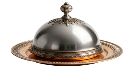 Silver Plated Dome Copper Tray Serving Dish, Luxury Kitchenware for Home Decor, isolated on transparent background.