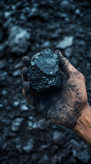 Obraz premium A hand holding a piece of coal, surrounded by black rocks and dirt 
