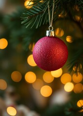 Red glittery christmas ornament hanging on a pine tree with holiday bokeh lights in the background creating a warm and festive christmas ambiance bokeh red bokeh abstract background glow design light 