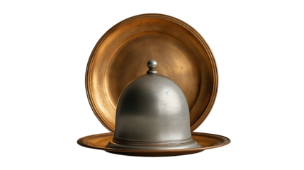 Silver Food Dome Golden Tray Display, Elegant Metal Cover for Home Table Decor, isolated on transparent background.