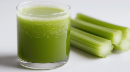 Fresh green juice served in a glass alongside crisp celery slices on a clean white background.juice of celery, herbs, parsley, dill. anti-inflammatory juice. Healing juice