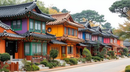 Colorful Korean Traditional Houses Lined Street Autumn Foliage