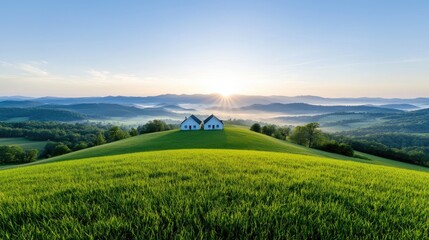 Sunrise over idyllic houses on a green hilltop, misty mountains background, peaceful rural scene