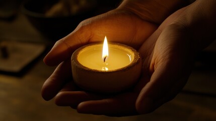 Hands holding candlelight, peaceful home spa