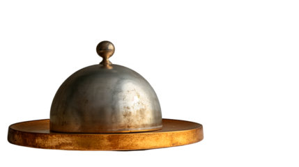 Gold and Silver Serving Dome Stylish Tray Display, Metal Cover for Kitchen Decor, isolated on transparent background.