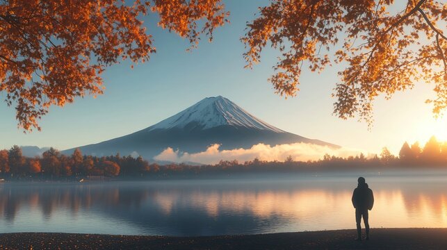 Man Gazing at Majestic Mount Fuji from Scenic Riverbank