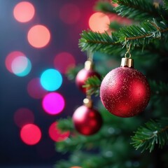 Obraz premium Sparkling baubles adorn a blurred Christmas tree against a bokeh backdrop , lights, christmas decoration, sparkle