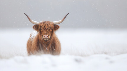 Highland cow in snowy landscape with long horns and lush coat captured in winter wonderland