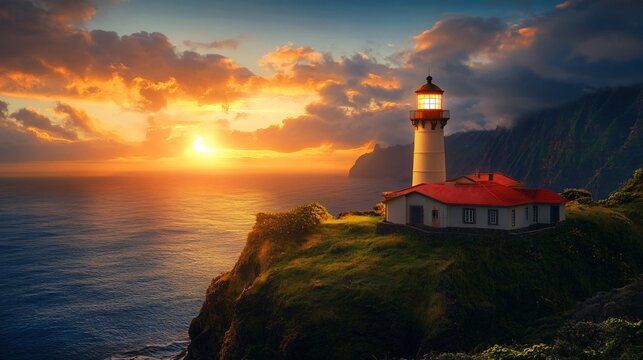 Ponta do Pargo Lighthouse Illuminated at Sunset in Madeira, Portugal