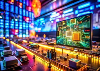 Fototapeta premium Miniature Circuit Board Behind Giant Digital Display - Tilt-Shift Stock Photo