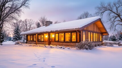 Obraz premium Illuminated Winter Cabin Nestled Amongst Snow Covered Trees