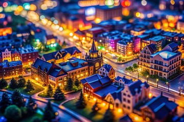 Obraz premium Miniature Cityscape, Tilt-Shift Photography, Bokeh Lights, Glowing Streets, Abstract Urban Scene