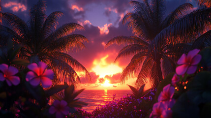 Vibrant sunset over a tropical beach with palm trees and colorful flowers