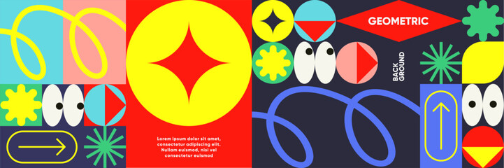 A dynamic vector background with bold geometric shapes and abstract patterns. Minimalist design with a modern and retro aesthetic, ideal for posters, flyers, banners, and festival promotions. 