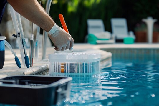 A man using a pool testing kit to add the necessary chemicals for water treatment and balance