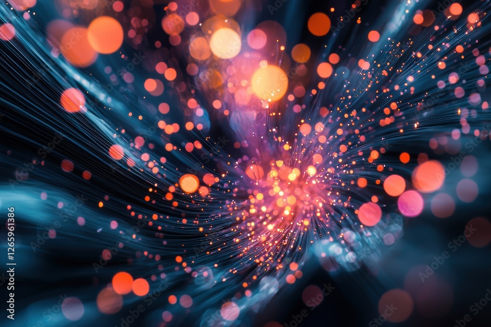 Poster abstract light burst: a dynamic composition with fiber optics, bokeh effects and glowing particles, 
