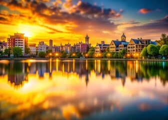 Obraz premium Miniature Golden Cityscape Reflection, Sunlit Lake, Tilt-Shift Photography