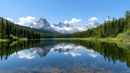 Tranquil Blue Lake Reflecting Snow Capped Mountains And Lush Green Forest