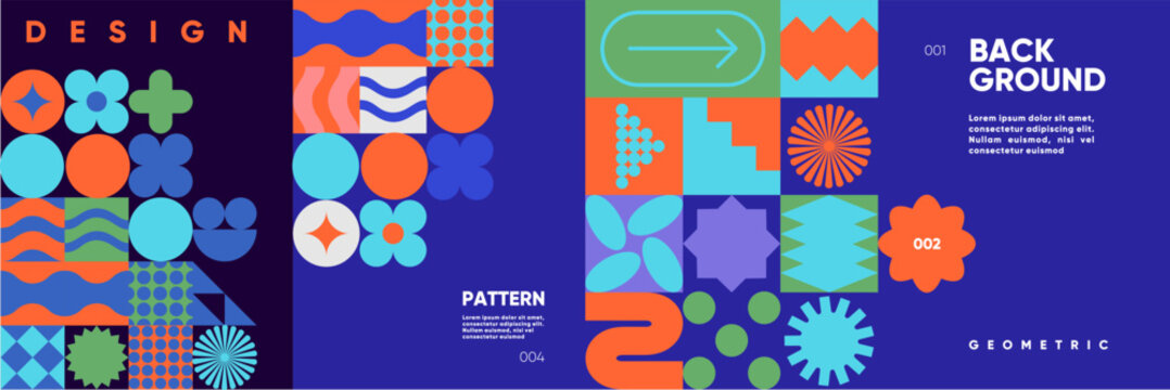 A bold abstract pattern with geometric shapes and vivid colors in a minimalist style. A modern vector background perfect for posters, flyers, banners, and festival themes. 