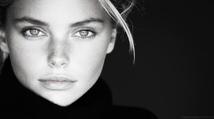 Fototapeta premium Woman's portrait, serious expression, dark background, fashion photography