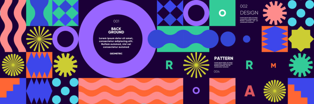 A bold abstract pattern with geometric shapes and vivid colors in a minimalist style. A modern vector background perfect for posters, flyers, banners, and festival themes. 