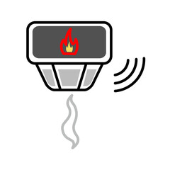 Smoke detectors are depicted with a red and yellow fire symbol inside, indicating a fire and sounding an alarm. Relevant to depicting fire safety equipment