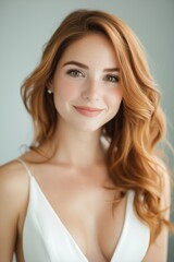 Naklejka premium Photo of a beautiful, smiling caucasian woman with ginger wavy hair wearing white dress against a light grey background.