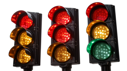 Modern Traffic Lights Red, Yellow, Green Signals, Urban Transportation Design, isolated on transparent background.