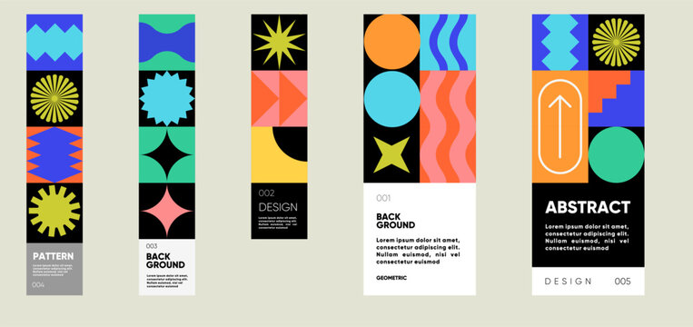 A modern geometric pattern set with abstract shapes, vibrant colors, and bold compositions. Perfect for trendy backgrounds, banners, and branding visuals.