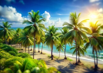 Fototapeta premium Miniature Palm Trees on Tropical Beach, Tilt-Shift Photography