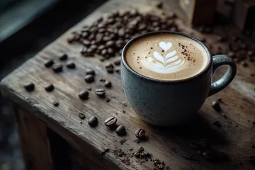 Poster Xícara de cappuccino com latte art detalhada, cercada por grãos de café torrados em uma mesa de madeira rústica, criada com IA generativa para um ambiente acolhedor e artesanal