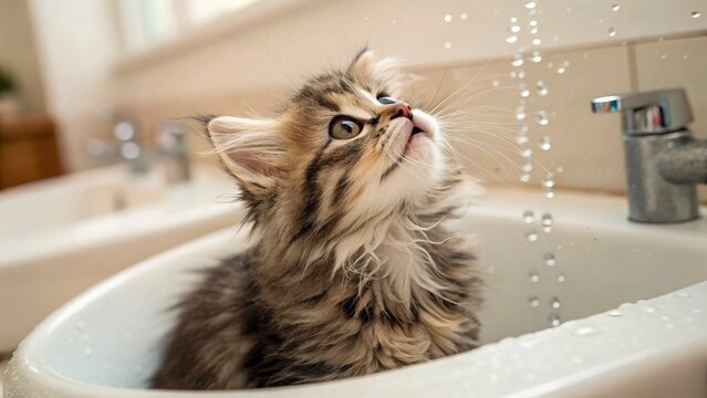 Fluffy kitten in a sink, looking up with a curious expression, indoor bathroom setting, close-up, soft morning light, water droplets on fur