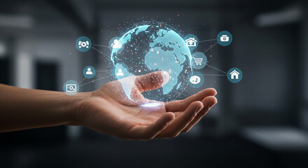 Digital Earth, interwoven with technological gadgets and symbolic representations.