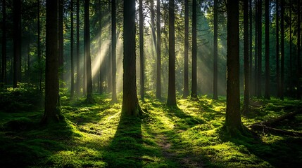 Fototapeta premium Sunbeams Illuminate Mossy Forest Floor