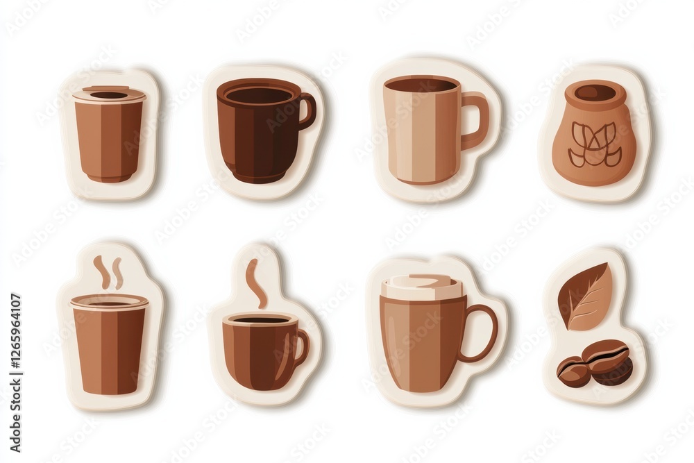 Poster style stickers showcasing various coffee cups and beans in warm brown hues create an inviting coffee