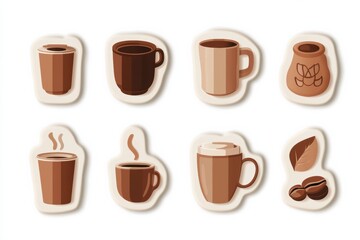 Obraz premium style stickers showcasing various coffee cups and beans in warm brown hues create an inviting coffee theme for design projects. Generative AI