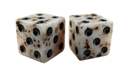 Aged White Dice Grunge Texture, Retro Game Cube with Dark Spots for Risk and Luck, isolated on transparent background.