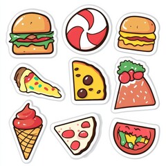 Playful food stickers showcase colorful pizza slices, burgers, and desserts for fun decoration and culinary delight. Generative AI