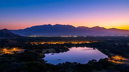 Fototapeta premium Tranquil Lake At Dusk With Mountain Silhouette And City Lights