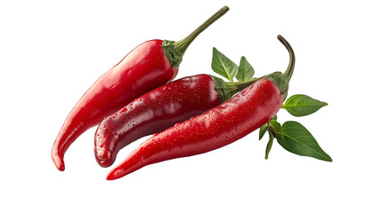Red Chili Peppers Spicy Ingredient with Green Leaves, Fresh Hot Flavor for Food, isolated on transparent background.