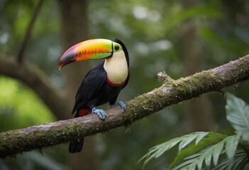Naklejka premium Vibrant Toucan Perched Amidst Tropical Leaves