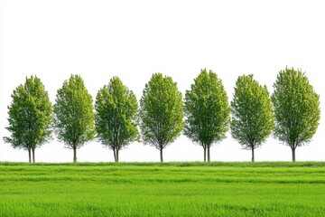 Fototapeta premium Row of lush green trees on a vibrant grassy landscape isolate on white background