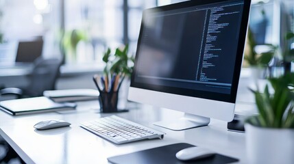 Office Desk With Computer Displaying Code. Modern Workplace With Tech, Workspace Setup For Programming Or Software Development.