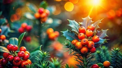 Obraz premium Miniature Winter Wonderland: Holly, Evergreen, and Orange Berries