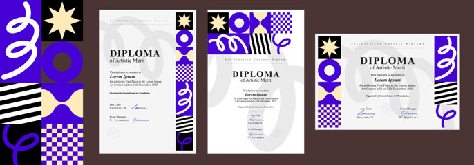 A collection of modern certificate and diploma templates featuring bold geometric patterns and vibrant colors. Perfect for awards, academic recognition, and email designs.