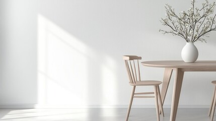 Minimalist dining room, sunlight, wooden table, chairs, vase, flowers