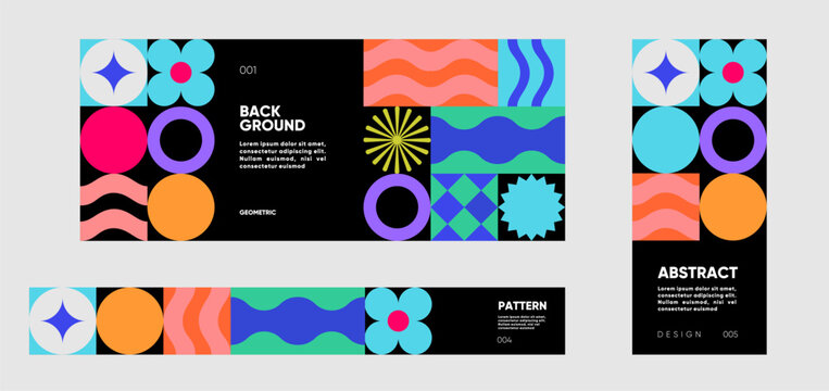 A modern geometric pattern set with abstract shapes, vibrant colors, and bold compositions. Perfect for trendy backgrounds, banners, and branding visuals.